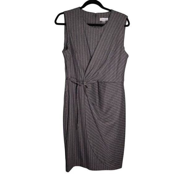 NWT CALVIN KLEIN WOMEN'S PINSTRIPED LOOPED SIDE-TIE DRESS SLEEVELESS, BLACK WHIT - Picture 1 of 6